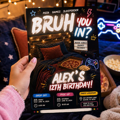 Editable Sleepover Game Night Invitation Canva Template, Boys Teens Cute Modern Fun Themed Custom DIY Sweet Chic Printable Digital Download.