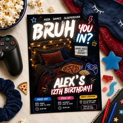 Editable Sleepover Game Night Invitation Canva Template, Boys Teens Cute Modern Fun Themed Custom DIY Sweet Chic Printable Digital Download.