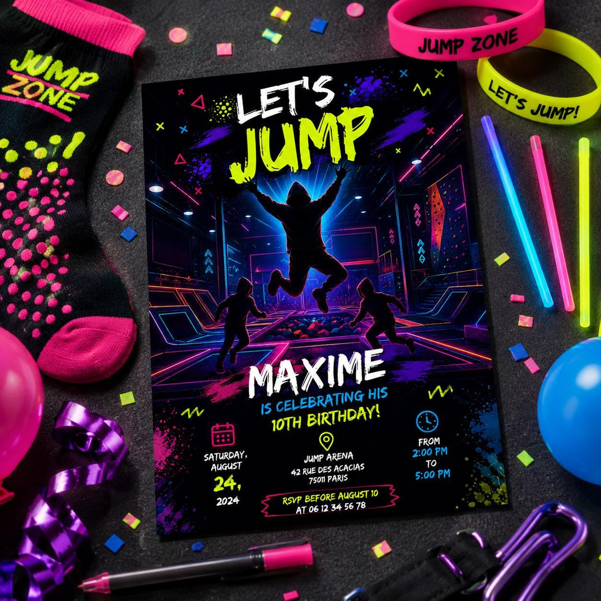 Editable Trampoline Park Birthday Invitation Canva Template, Kids Teens Cute Modern Fun Themed DIY Party Invite, Printable Digital Download.