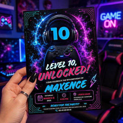 Editable Gamer Birthday Invitation Canva Template, Neon Boys Kids Gamer Cute Modern Fun Themed DIY Party Invite, Printable Digital Download.