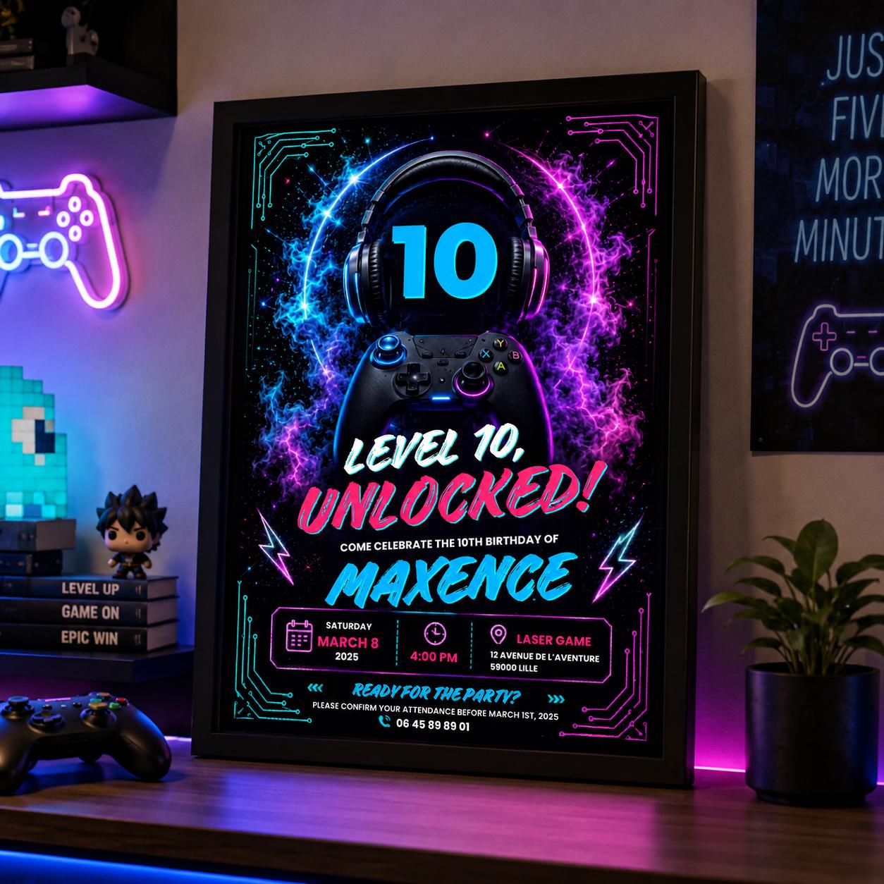 Editable Gamer Birthday Invitation Canva Template, Neon Boys Kids Gamer Cute Modern Fun Themed DIY Party Invite, Printable Digital Download.