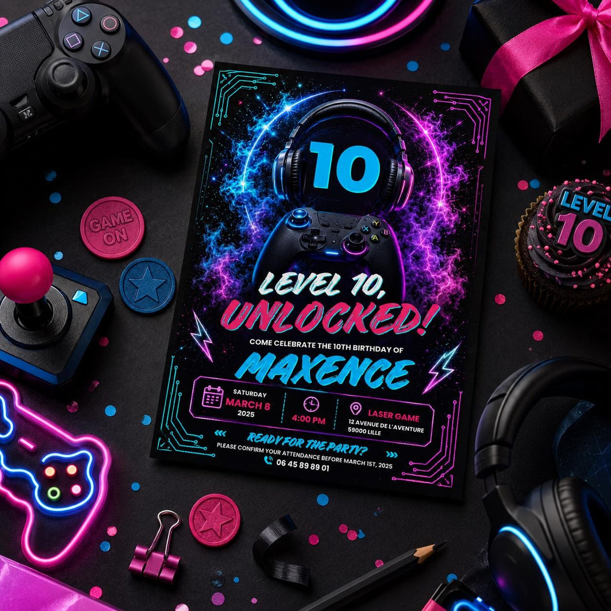 Editable Gamer Birthday Invitation Canva Template, Neon Boys Kids Gamer Cute Modern Fun Themed DIY Party Invite, Printable Digital Download.