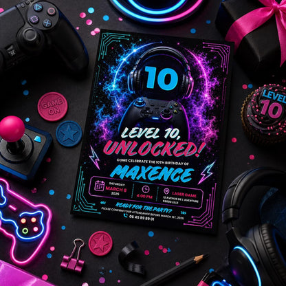 Editable Gamer Birthday Invitation Canva Template, Neon Boys Kids Gamer Cute Modern Fun Themed DIY Party Invite, Printable Digital Download.