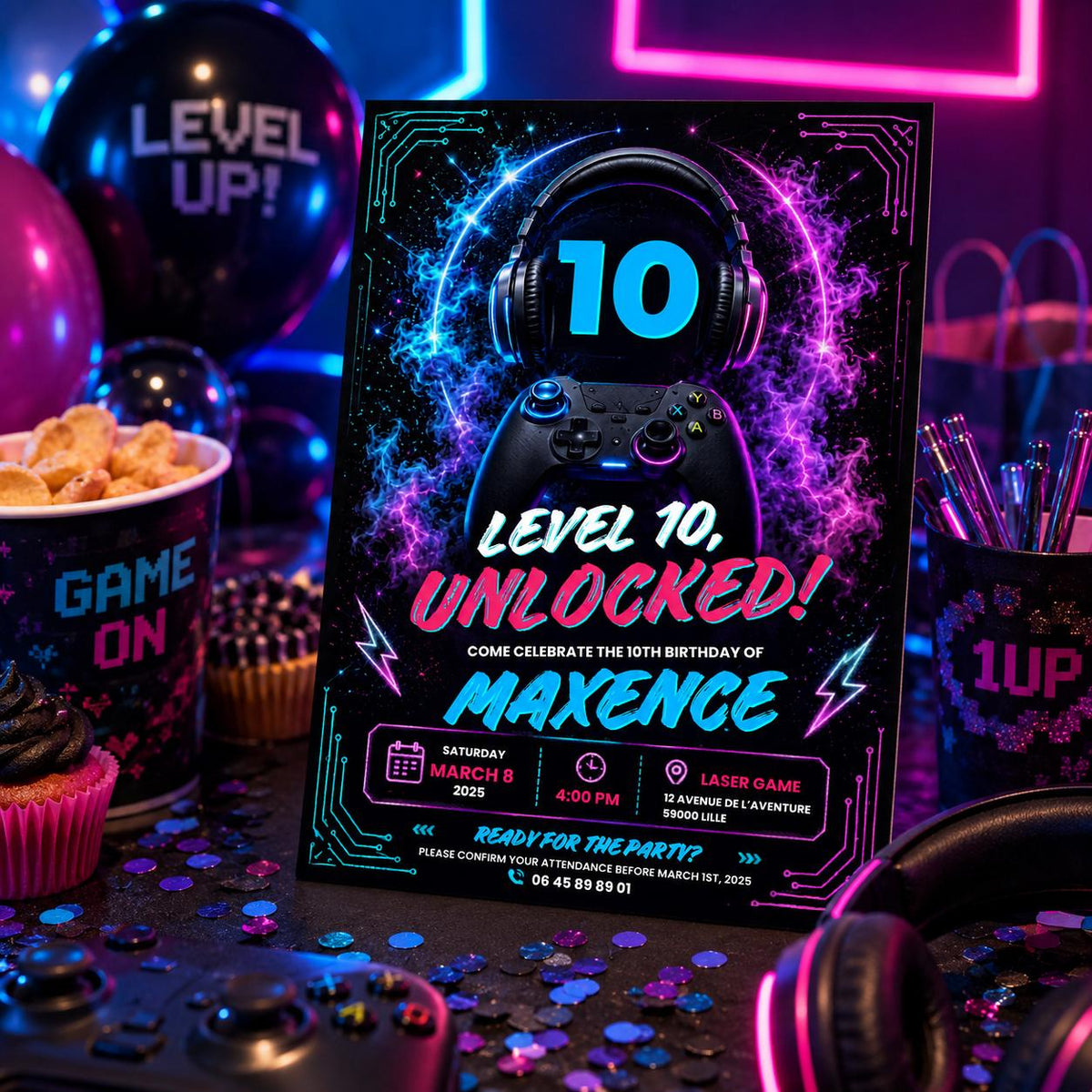 Editable Gamer Birthday Invitation Canva Template, Neon Boys Kids Gamer Cute Modern Fun Themed DIY Party Invite, Printable Digital Download.