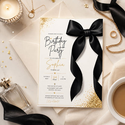 Editable Elegant Birthday Invitation Canva Template, Black White Chic Adult Cute Fun DIY Kids Teen Party Invite, Printable Digital Download.