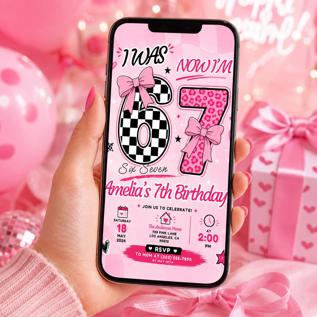 Editable Six Seven Meme Birthday Invitation Canva Template, Girls Kids Cute Modern Fun Instant DIY Party Invite, Printable Digital Download.
