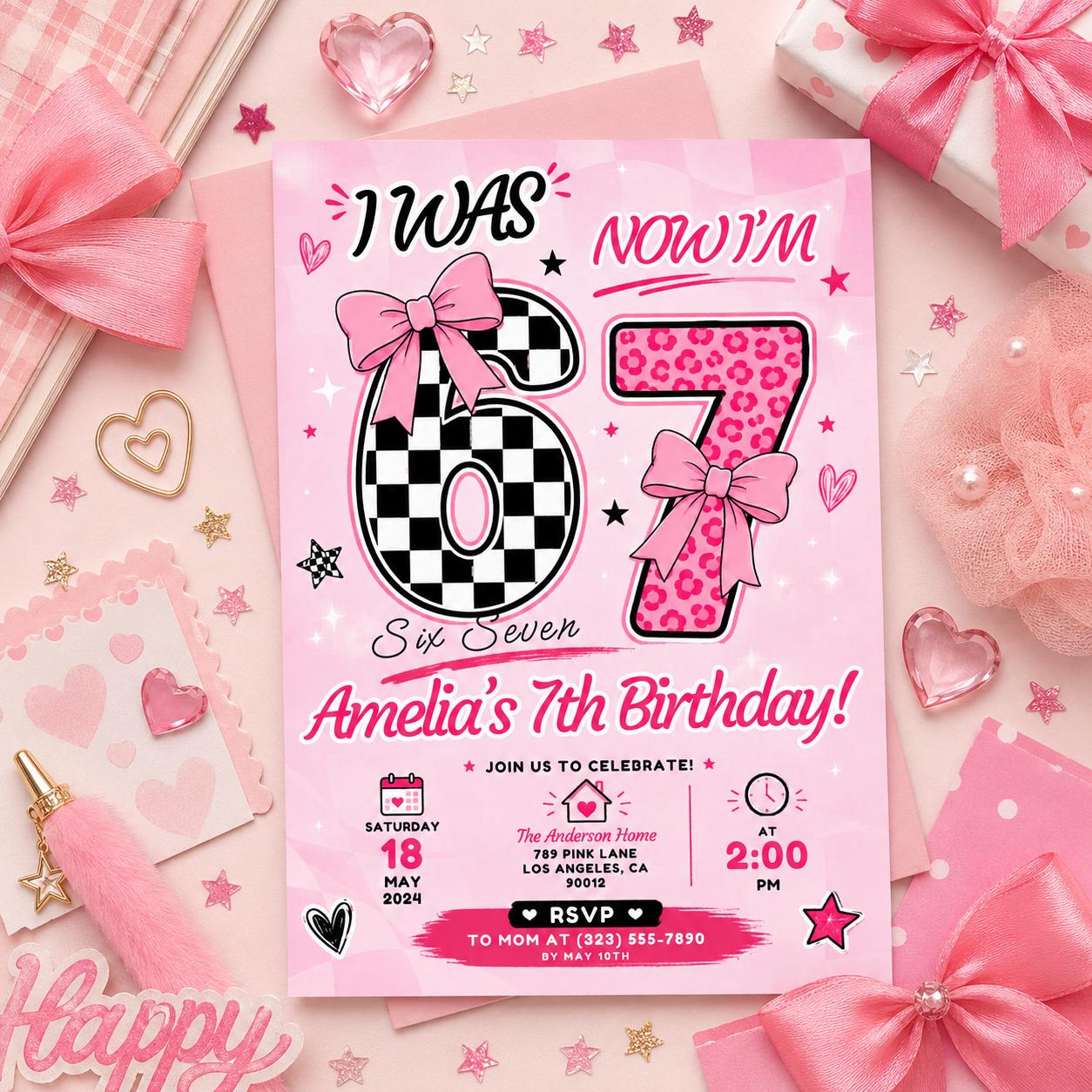 Editable Six Seven Meme Birthday Invitation Canva Template, Girls Kids Cute Modern Fun Instant DIY Party Invite, Printable Digital Download.