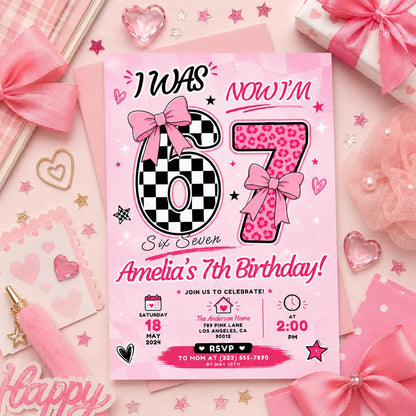 Editable Six Seven Meme Birthday Invitation Canva Template, Girls Kids Cute Modern Fun Instant DIY Party Invite, Printable Digital Download.