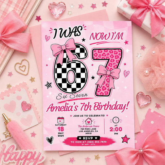 Editable Six Seven Meme Birthday Invitation Canva Template, Girls Kids Cute Modern Fun Instant DIY Party Invite, Printable Digital Download.