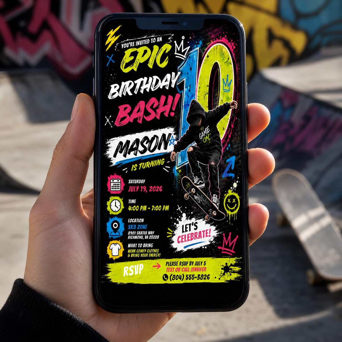 Editable Neon Glow Birthday Invitation Canva Template, Boys Kids Teens Neon Cute Fun DIY Chic Teen Party Invite, Printable Digital Download.