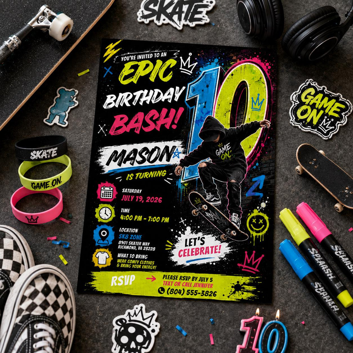 Editable Neon Glow Birthday Invitation Canva Template, Boys Kids Teens Neon Cute Fun DIY Chic Teen Party Invite, Printable Digital Download.