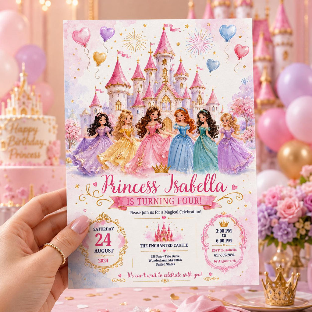 Editable Princess Birthday Invitation Canva Template, Floral Girls Kids Cute Modern Fun Themed DIY Party Invite, Printable Digital Download.