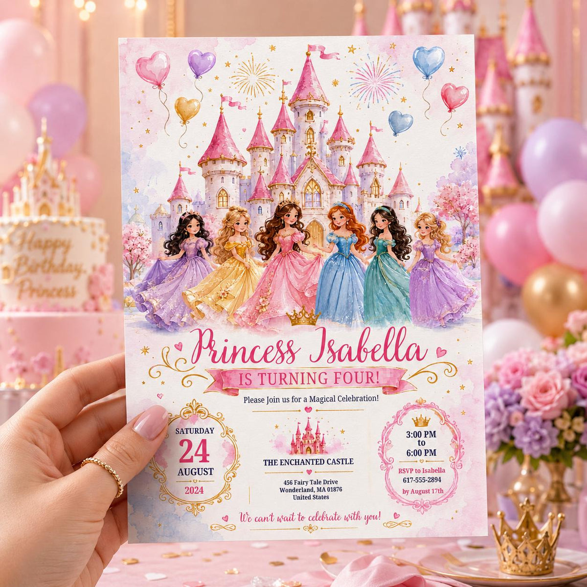 Editable Princess Birthday Invitation Canva Template, Floral Girls Kids Cute Modern Fun Themed DIY Party Invite, Printable Digital Download.