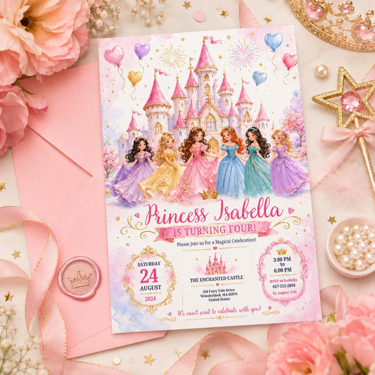 Editable Princess Birthday Invitation Canva Template, Floral Girls Kids Cute Modern Fun Themed DIY Party Invite, Printable Digital Download.
