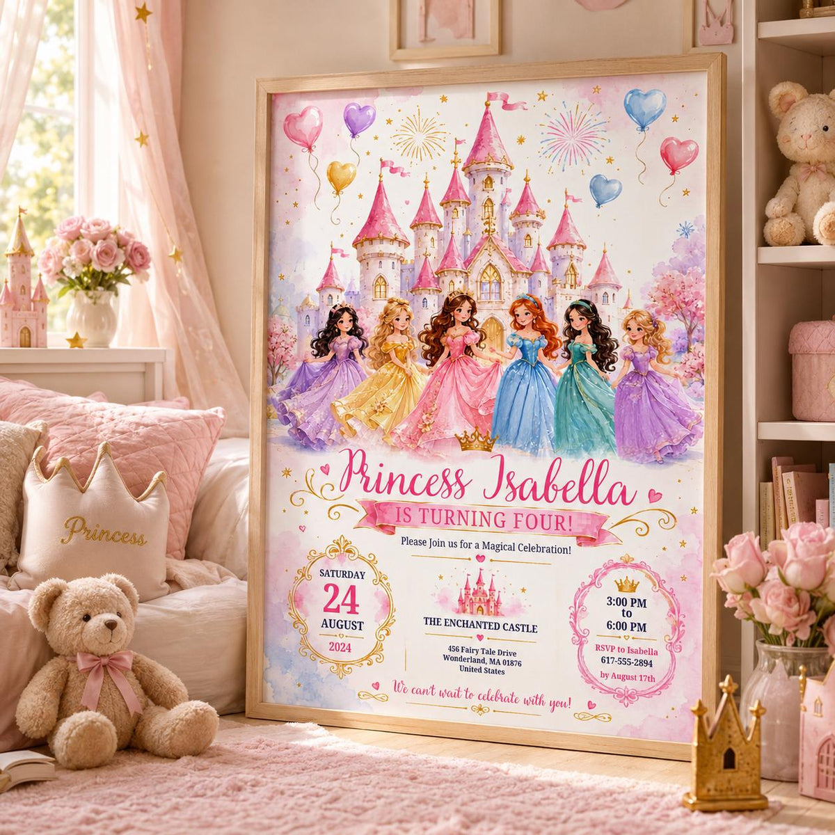 Editable Princess Birthday Invitation Canva Template, Floral Girls Kids Cute Modern Fun Themed DIY Party Invite, Printable Digital Download.