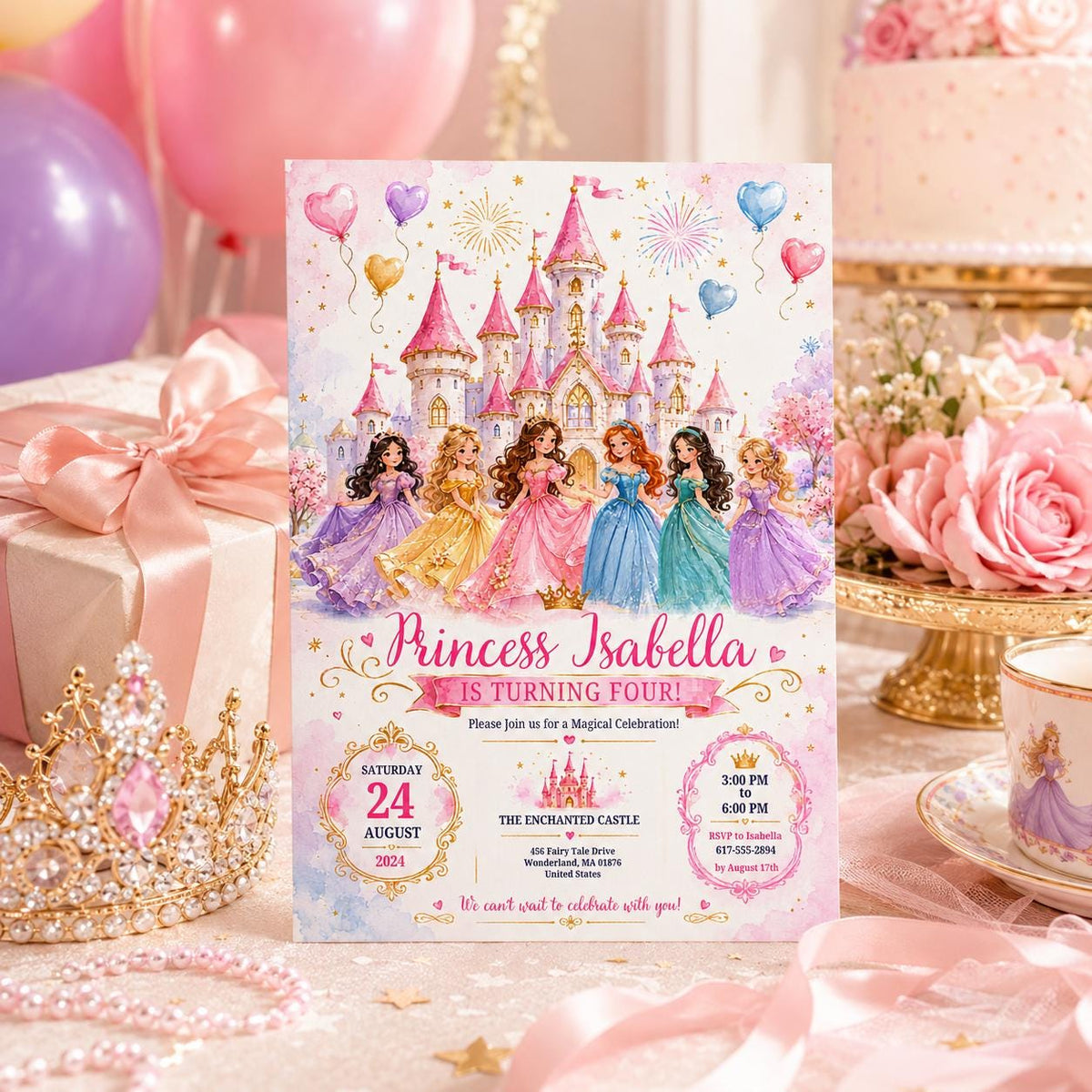 Editable Princess Birthday Invitation Canva Template, Floral Girls Kids Cute Modern Fun Themed DIY Party Invite, Printable Digital Download.