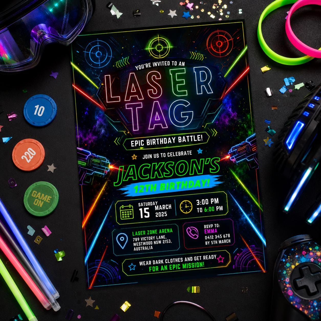 Editable Neon Glow Birthday Invitation Canva Template, Kids Teens Neon Cute Modern Fun Instant DIY Party Invite, Printable Digital Download.