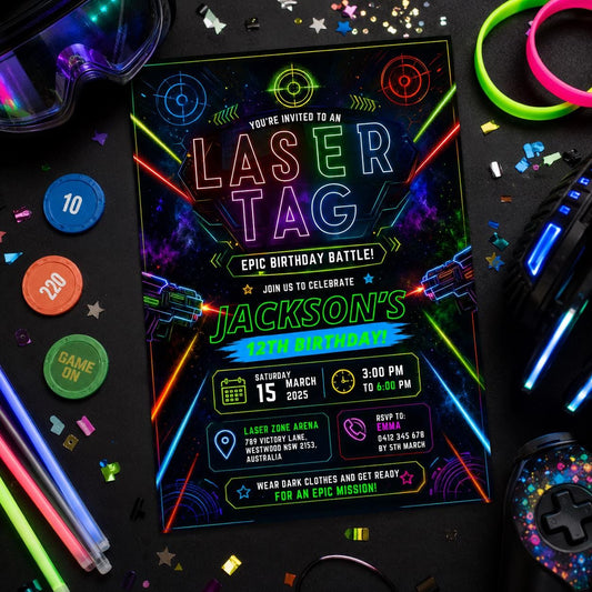 Editable Neon Glow Birthday Invitation Canva Template, Kids Teens Neon Cute Modern Fun Instant DIY Party Invite, Printable Digital Download.