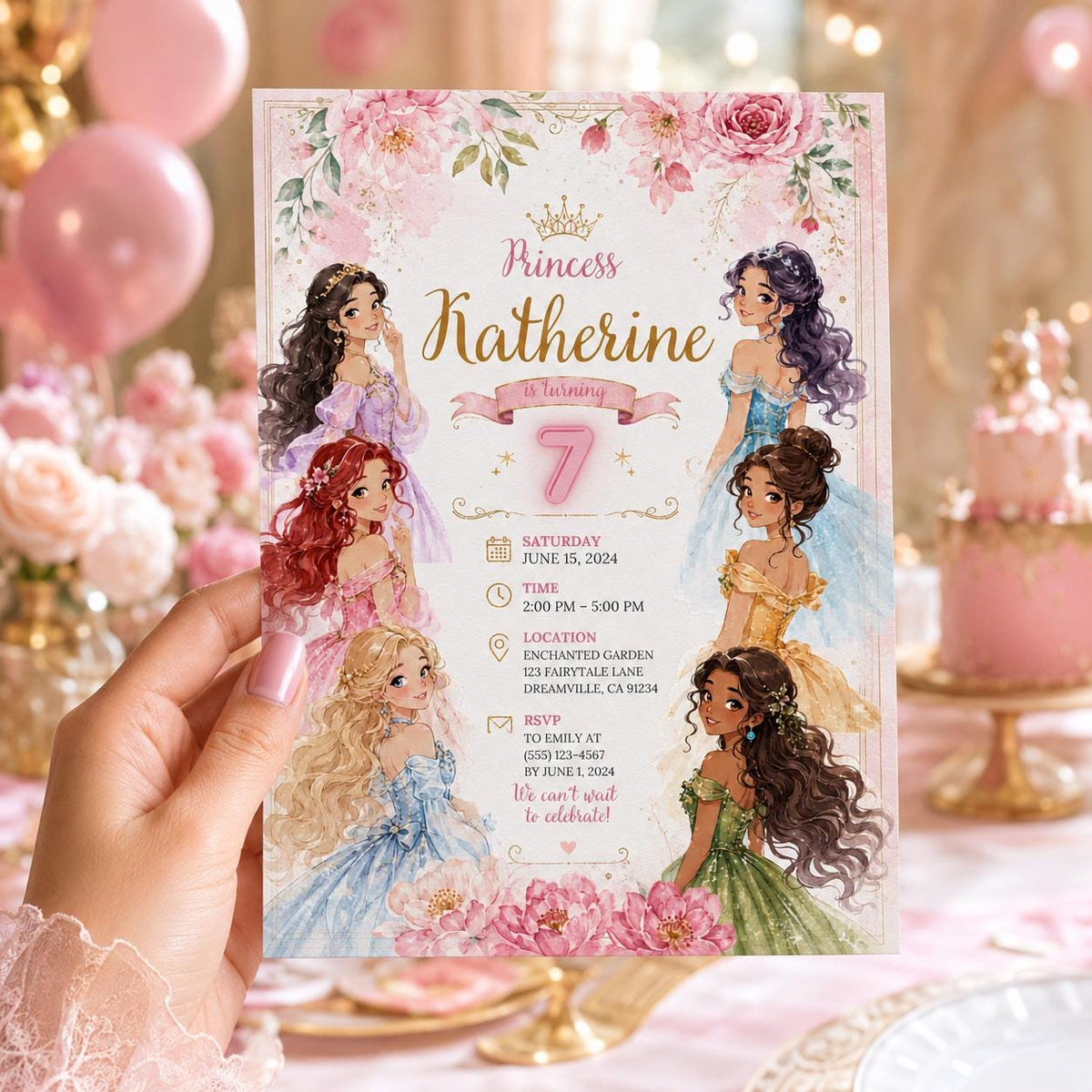 Editable Princess Birthday Invitation Canva Template, Girls Cute Modern Fun Themed Custom DIY Chic Party Invite, Printable Digital Download.