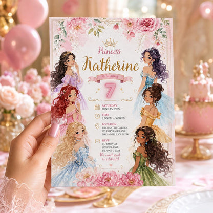 Editable Princess Birthday Invitation Canva Template, Girls Cute Modern Fun Themed Custom DIY Chic Party Invite, Printable Digital Download.