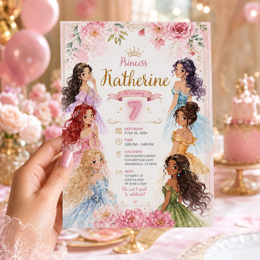 Editable Princess Birthday Invitation Canva Template, Girls Cute Modern Fun Themed Custom DIY Chic Party Invite, Printable Digital Download.
