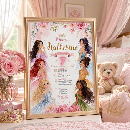 Editable Princess Birthday Invitation Canva Template, Girls Cute Modern Fun Themed Custom DIY Chic Party Invite, Printable Digital Download.