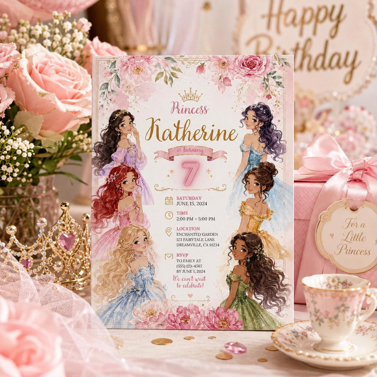 Editable Princess Birthday Invitation Canva Template, Girls Cute Modern Fun Themed Custom DIY Chic Party Invite, Printable Digital Download.