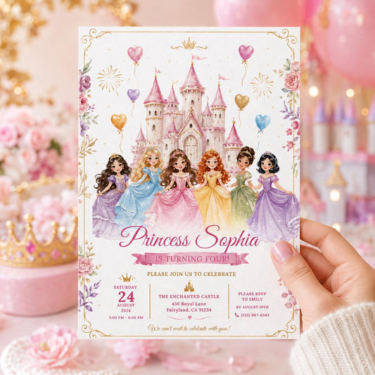 Editable Princess Birthday Invitation Canva Template, Floral Girls Kids Cute Modern Fun Themed DIY Party Invite, Printable Digital Download.