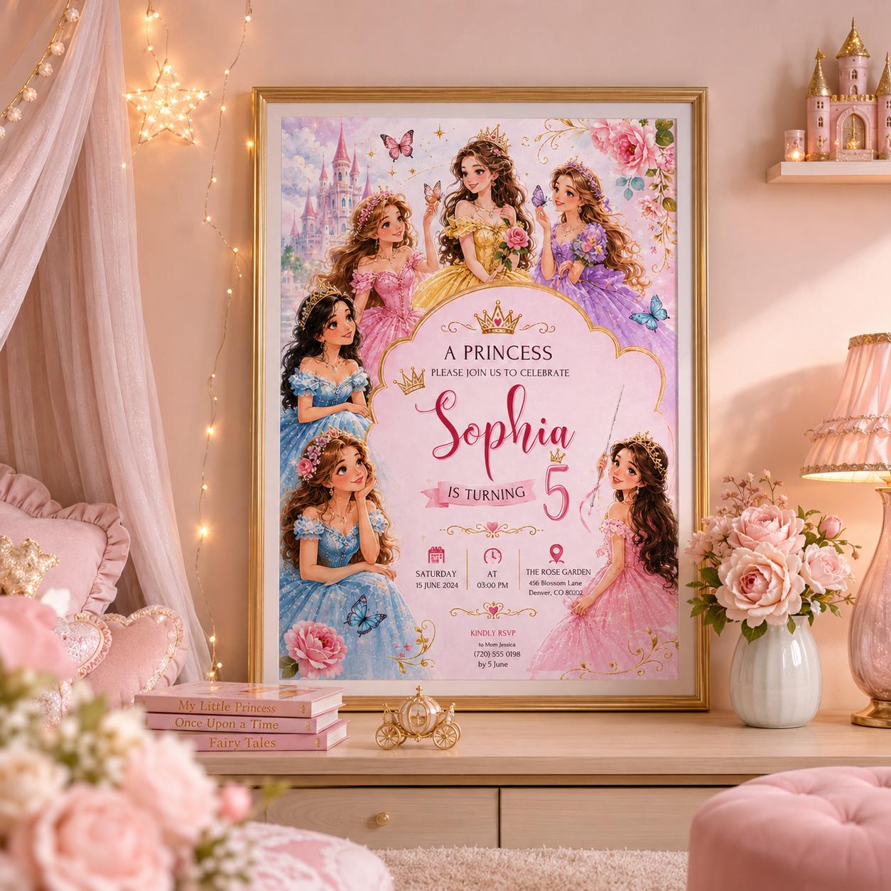 Editable Princess Birthday Invitation Canva Template, Pink Girls Kids Cute Fun DIY Sweet Chic Teen Party Invite, Printable Digital Download.