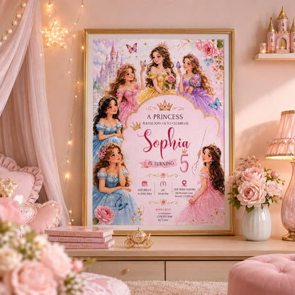 Editable Princess Birthday Invitation Canva Template, Pink Girls Kids Cute Fun DIY Sweet Chic Teen Party Invite, Printable Digital Download.