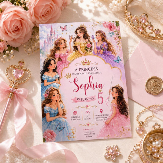 Editable Princess Birthday Invitation Canva Template, Pink Girls Kids Cute Fun DIY Sweet Chic Teen Party Invite, Printable Digital Download.