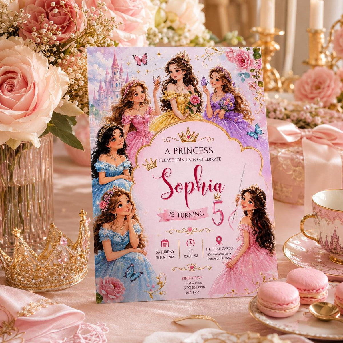 Editable Princess Birthday Invitation Canva Template, Pink Girls Kids Cute Fun DIY Sweet Chic Teen Party Invite, Printable Digital Download.