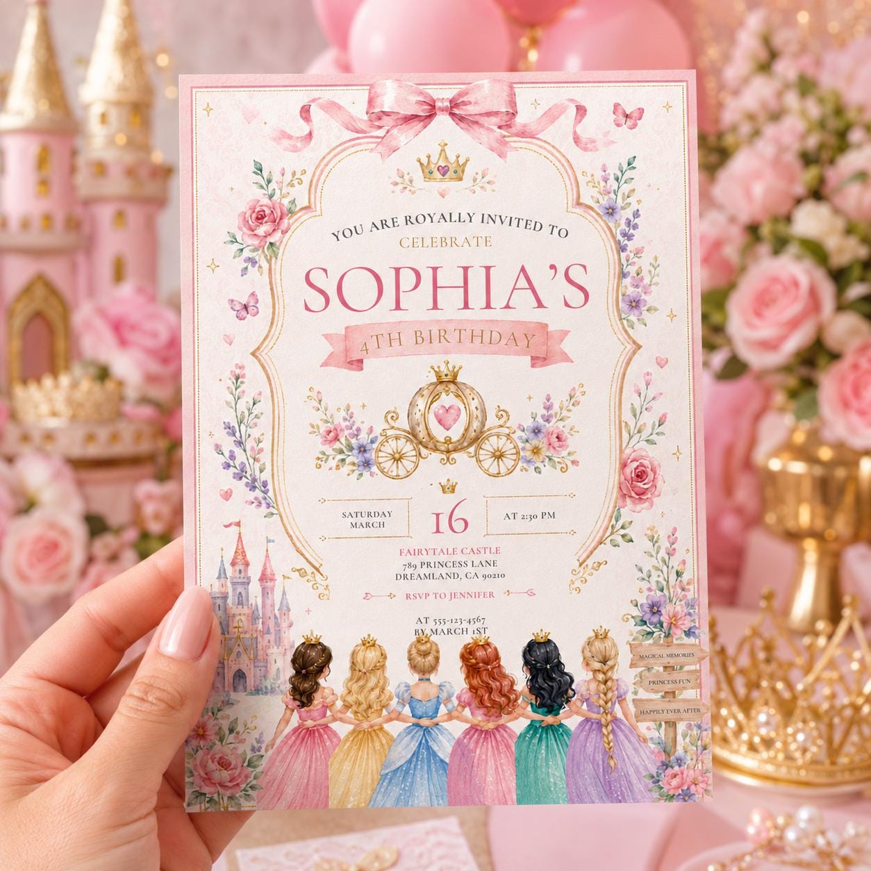 Editable Princess Birthday Invitation Canva Template, Girls Cute Modern Fun Themed Custom DIY Chic Party Invite, Printable Digital Download.