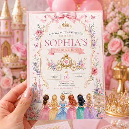 Editable Princess Birthday Invitation Canva Template, Girls Cute Modern Fun Themed Custom DIY Chic Party Invite, Printable Digital Download.