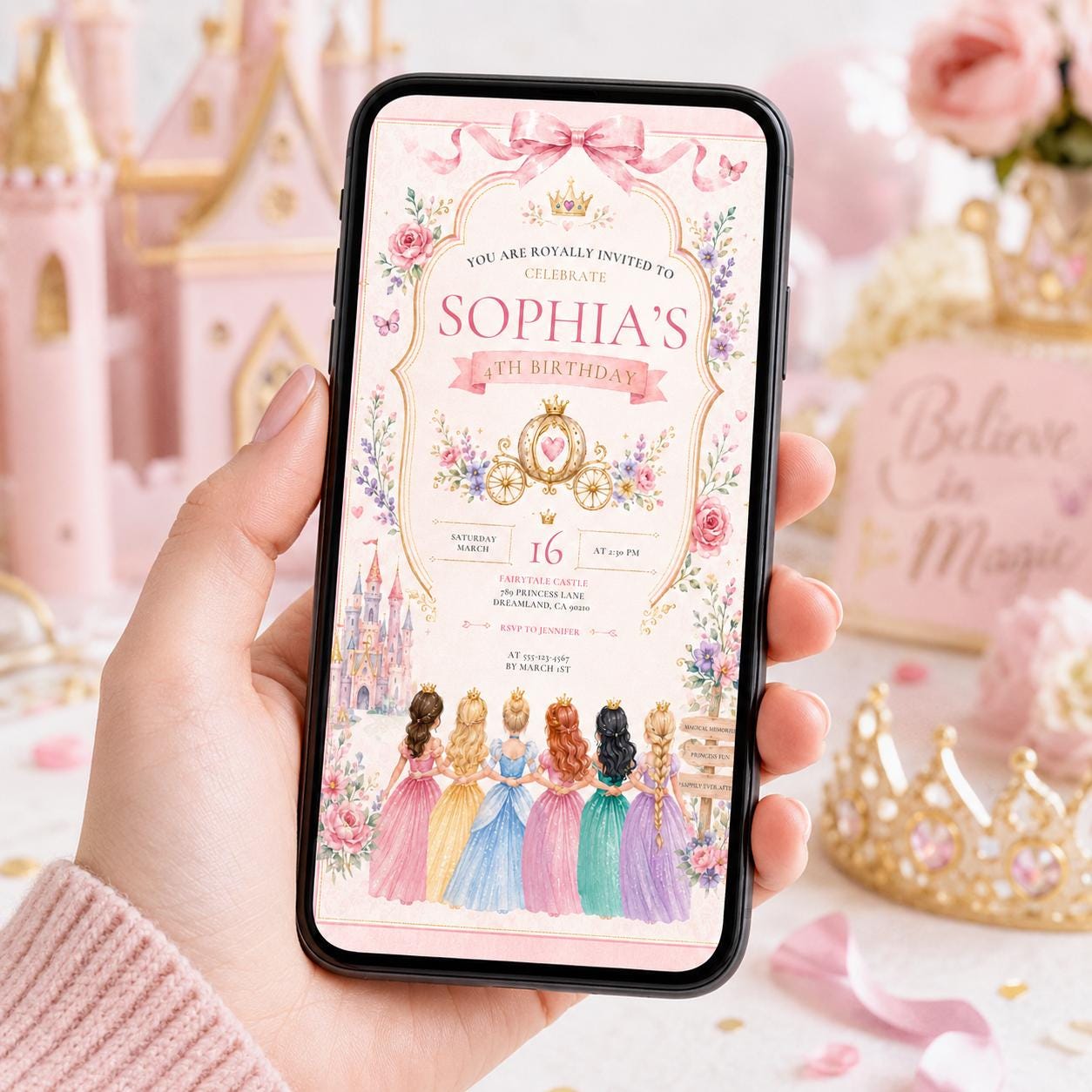 Editable Princess Birthday Invitation Canva Template, Girls Cute Modern Fun Themed Custom DIY Chic Party Invite, Printable Digital Download.