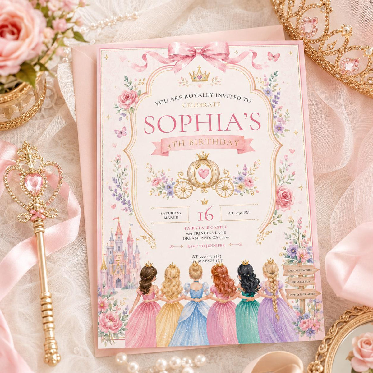 Editable Princess Birthday Invitation Canva Template, Girls Cute Modern Fun Themed Custom DIY Chic Party Invite, Printable Digital Download.