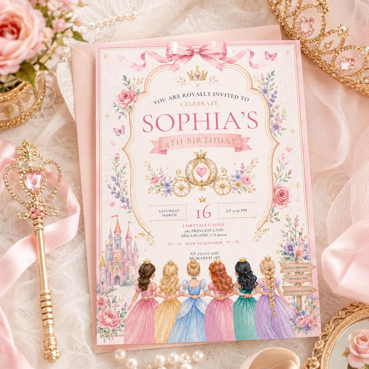 Editable Princess Birthday Invitation Canva Template, Girls Cute Modern Fun Themed Custom DIY Chic Party Invite, Printable Digital Download.