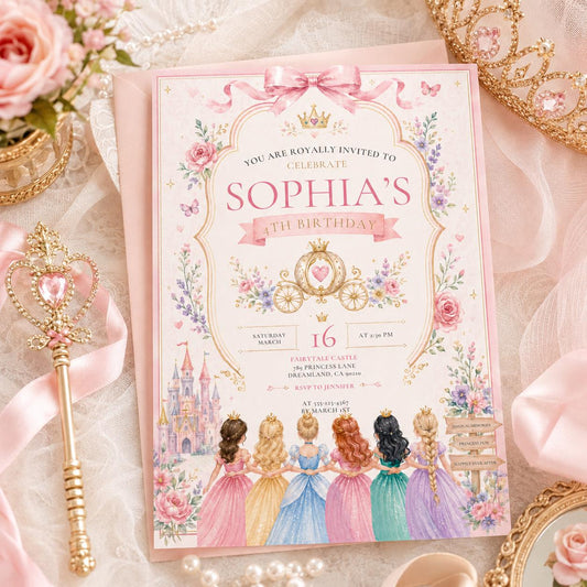 Editable Princess Birthday Invitation Canva Template, Girls Cute Modern Fun Themed Custom DIY Chic Party Invite, Printable Digital Download.