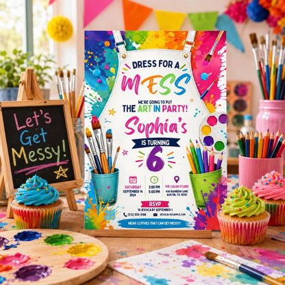 Editable Art Paint Birthday Invitation Canva Template, Cute Modern Fun Themed Custom DIY Chic Kids Party Invite, Printable Digital Download.