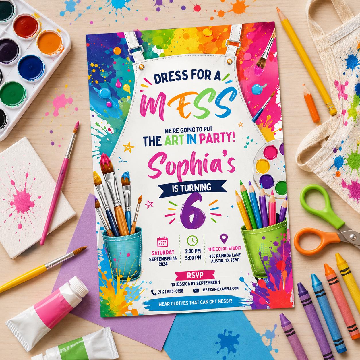 Editable Art Paint Birthday Invitation Canva Template, Cute Modern Fun Themed Custom DIY Chic Kids Party Invite, Printable Digital Download.