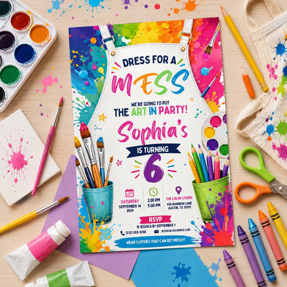 Editable Art Paint Birthday Invitation Canva Template, Cute Modern Fun Themed Custom DIY Chic Kids Party Invite, Printable Digital Download.