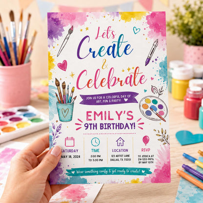 Editable Art Paint Birthday Invitation Canva Template, Girls Cute Modern Fun Themed DIY Sweet Chic Party Invite, Printable Digital Download.