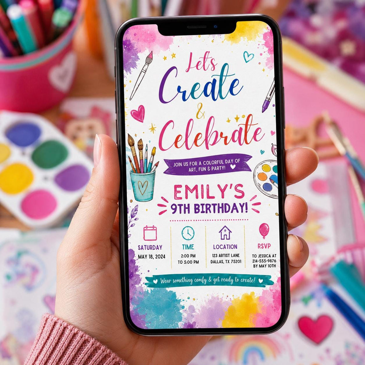 Editable Art Paint Birthday Invitation Canva Template, Girls Cute Modern Fun Themed DIY Sweet Chic Party Invite, Printable Digital Download.