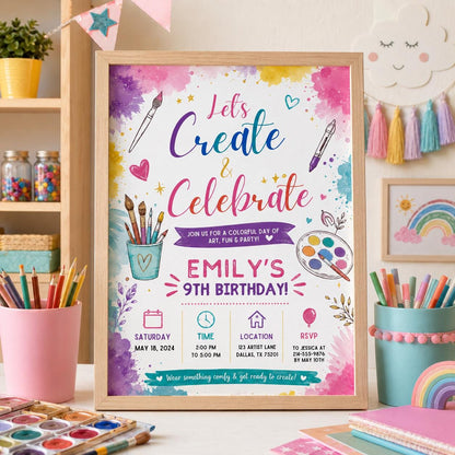 Editable Art Paint Birthday Invitation Canva Template, Girls Cute Modern Fun Themed DIY Sweet Chic Party Invite, Printable Digital Download.