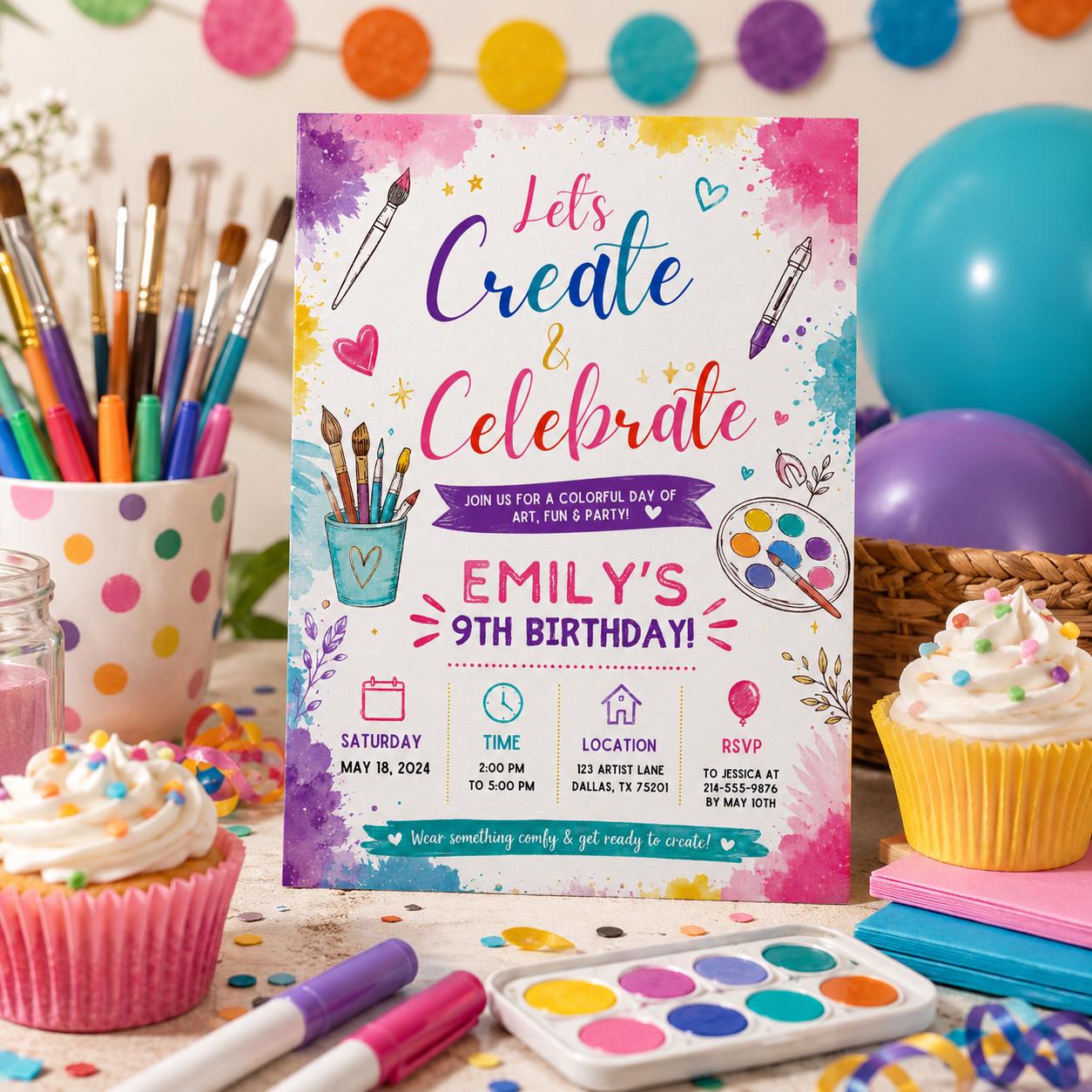 Editable Art Paint Birthday Invitation Canva Template, Girls Cute Modern Fun Themed DIY Sweet Chic Party Invite, Printable Digital Download.
