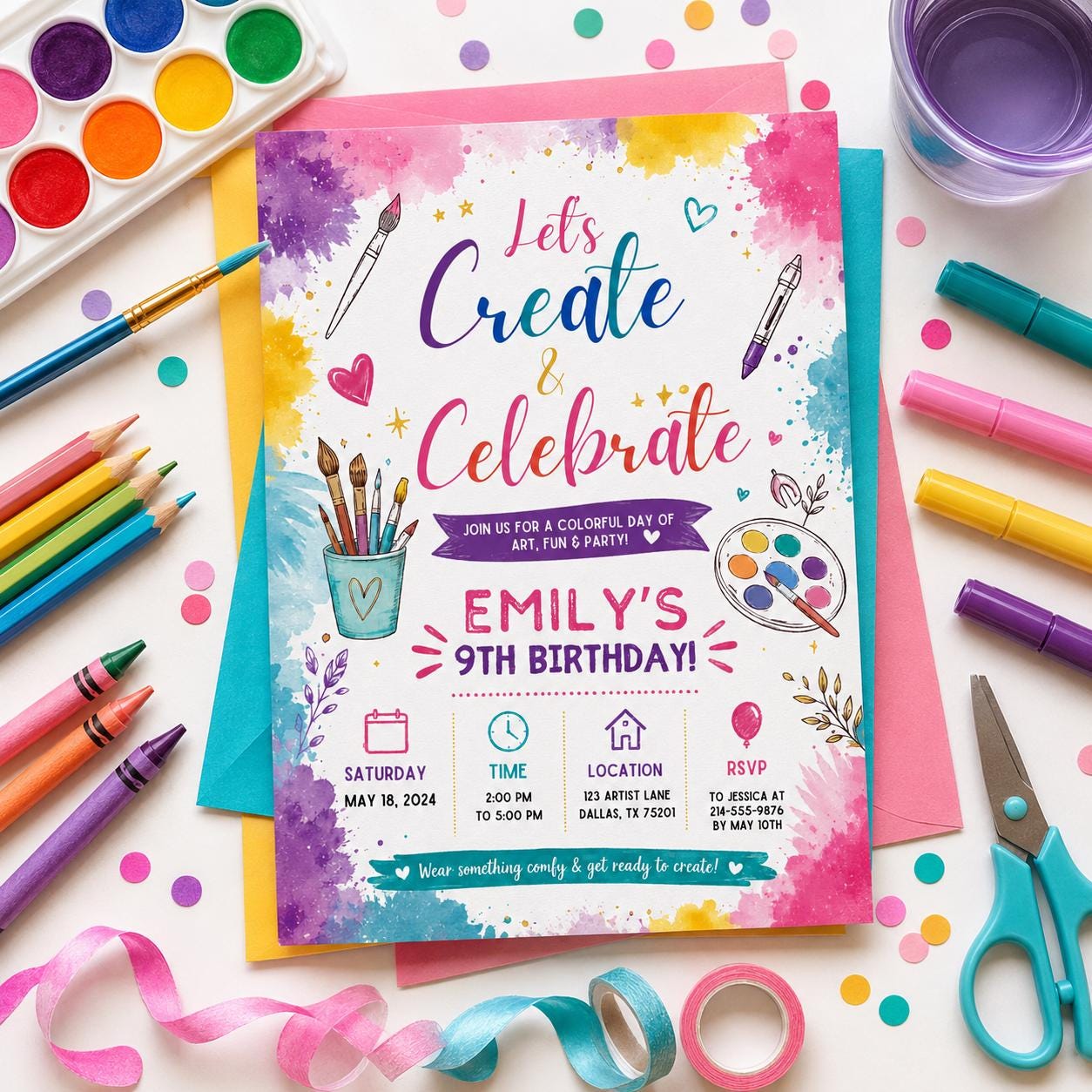 Editable Art Paint Birthday Invitation Canva Template, Girls Cute Modern Fun Themed DIY Sweet Chic Party Invite, Printable Digital Download.