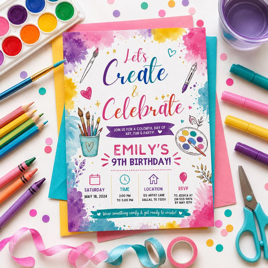 Editable Art Paint Birthday Invitation Canva Template, Girls Cute Modern Fun Themed DIY Sweet Chic Party Invite, Printable Digital Download.