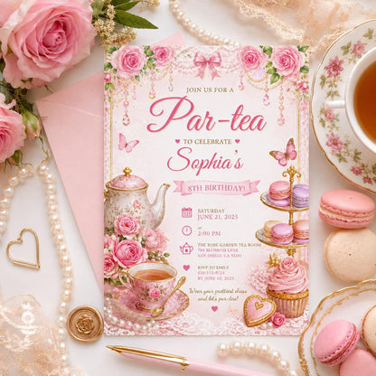 Editable Tea Birthday Invitation Canva Template, Pink Floral Girls Tea Cute Fun DIY Chic Kids Teen Party Invite, Printable Digital Download.