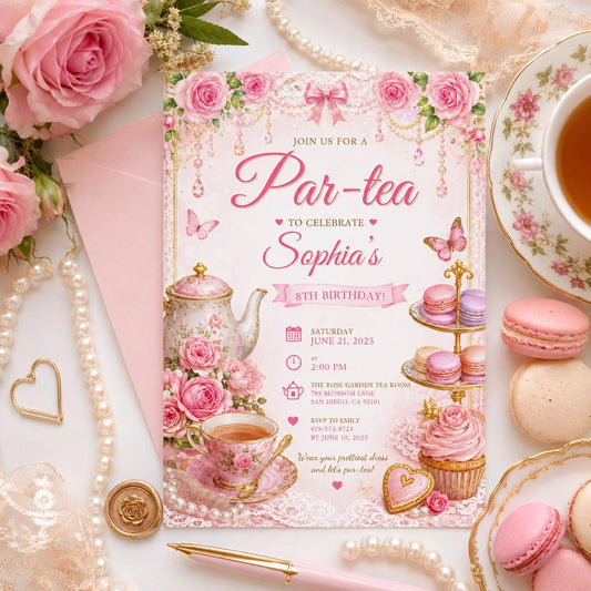 Editable Tea Birthday Invitation Canva Template, Pink Floral Girls Tea Cute Fun DIY Chic Kids Teen Party Invite, Printable Digital Download.