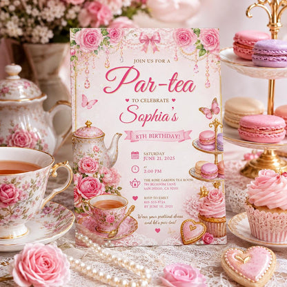 Editable Tea Birthday Invitation Canva Template, Pink Floral Girls Tea Cute Fun DIY Chic Kids Teen Party Invite, Printable Digital Download.